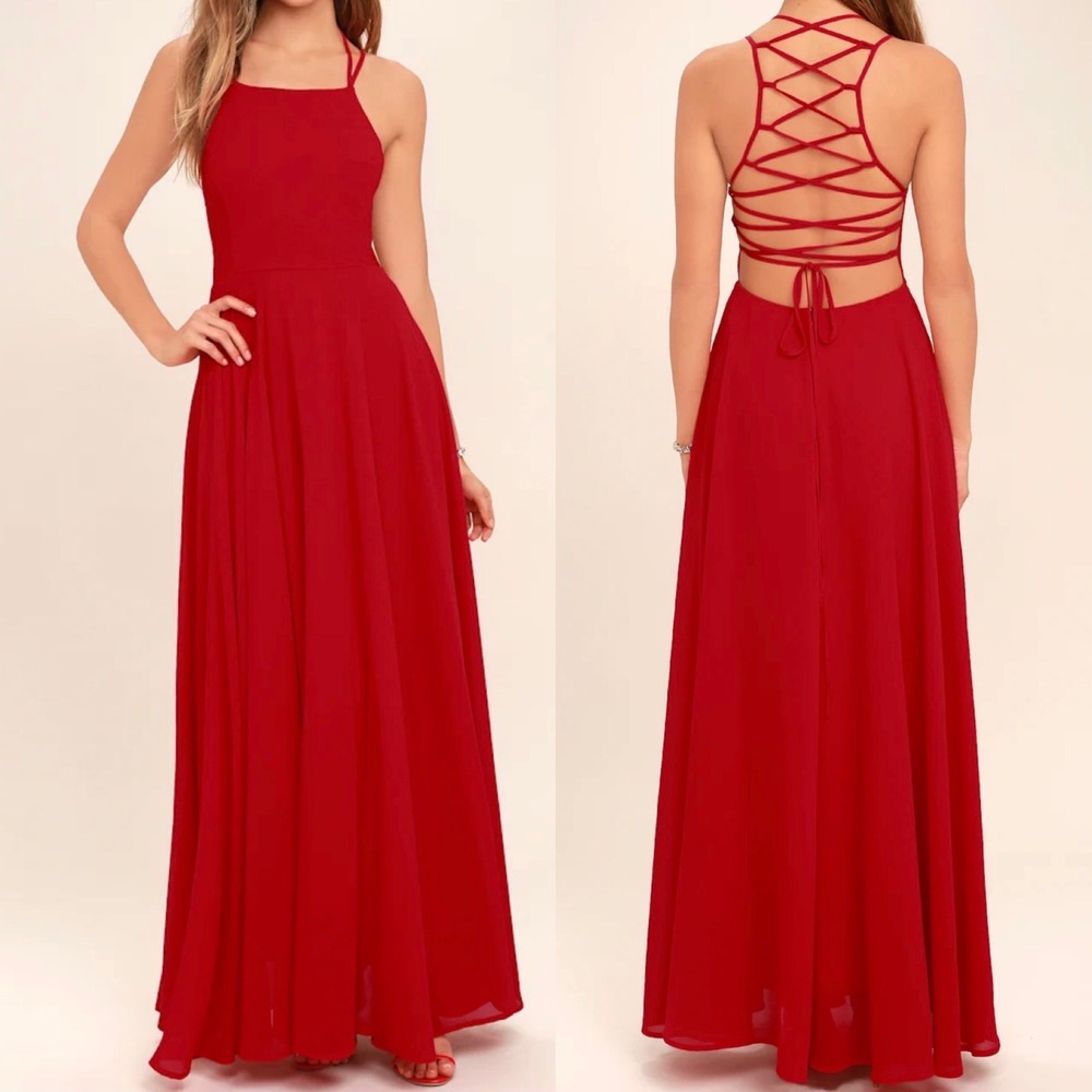 NWT Lulus Size Large Strappy To Be Here Red Lace-Up Maxi Dress Flowy Sexy